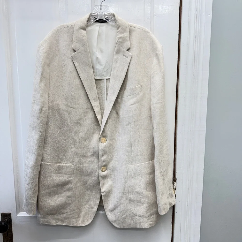 Banana Republic 46R Tailored Slim Fit 100% Linen Herringbone Blazer Cream Jacket